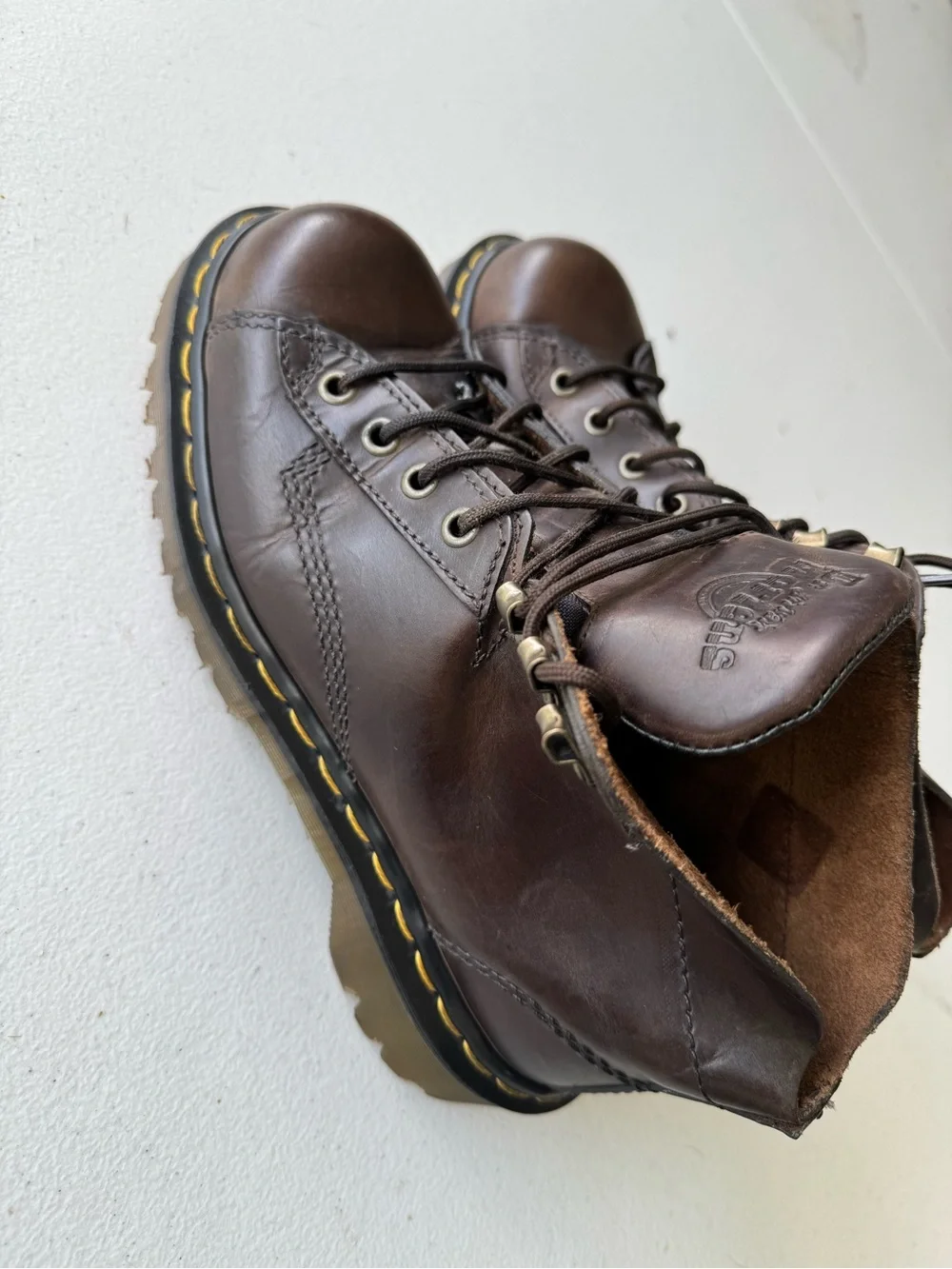 Dr. Martens Brown Leather Lace-Up Work Boots with Yellow Welt Stitching